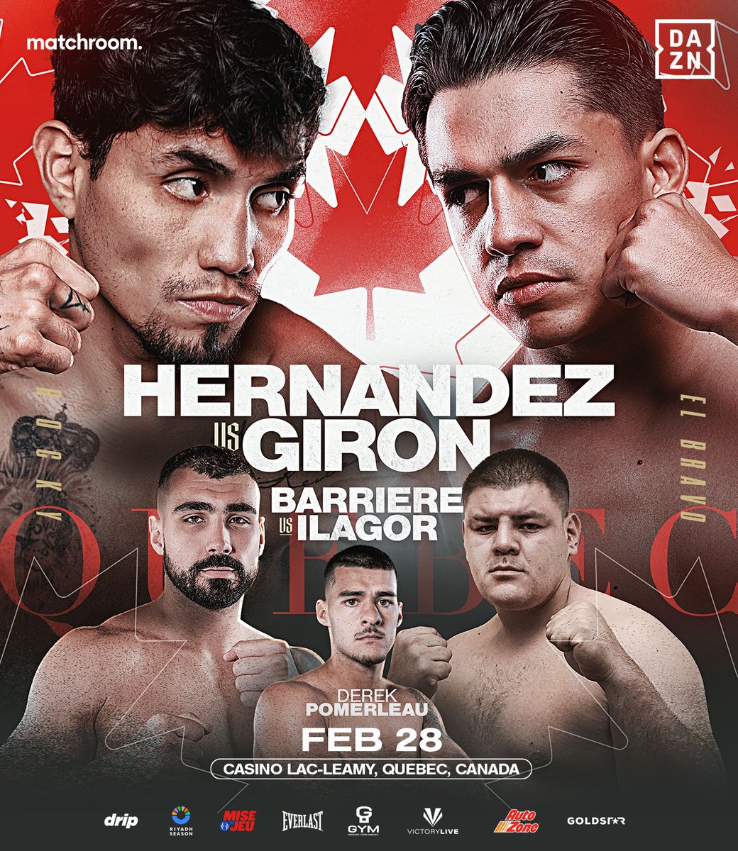 Our first show in Canada! 🇨🇦

Rocky Hernandez and Rene Tellez Giron’s fight will now headline in Quebec on Feb 28!

#HernandezGiron live on DAZN 👊