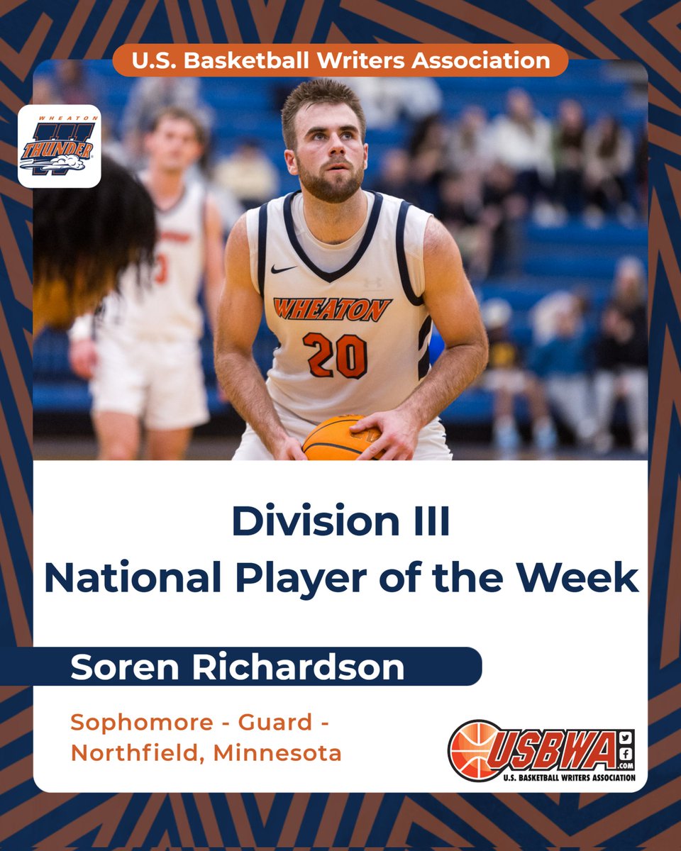 Wheaton Thunder (@wheaton_thunder) on Twitter photo The best player in the country last week.
Congratulations to <a href="/Wheaton_MBB/">Wheaton College Men's Basketball</a>'s Soren Richardson for being named the <a href="/USBWA/">U.S. Basketball Writers Association</a> Division III Men's Basketball National Player of the Week following his performances against North Park and Carroll!
Richardson is the first men's basketball The best player in the country last week.
Congratulations to <a href="/Wheaton_MBB/">Wheaton College Men's Basketball</a>'s Soren Richardson for being named the <a href="/USBWA/">U.S. Basketball Writers Association</a> Division III Men's Basketball National Player of the Week following his performances against North Park and Carroll!
Richardson is the first men's basketball