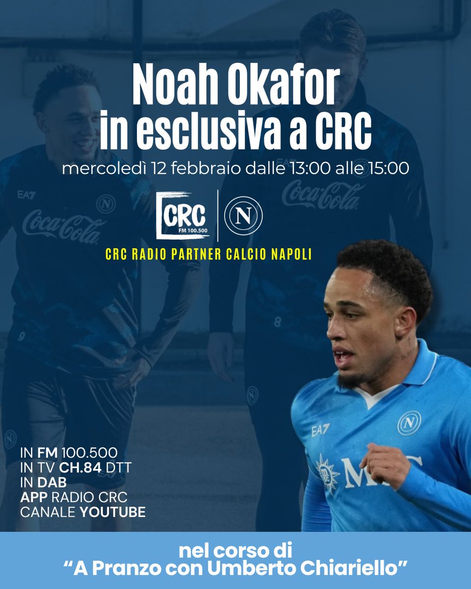 Noah #Okafor si presenta ai microfoni di Radio CRC: segui l'intervista in esclusiva del nuovo acquisto della #SSCNapoli 💙🔥

Mercoledì 12 febbraio resta sintonizzato sulla nostra frequenza per ascoltare le parole del calciatore azzurro ‼️

Seguici dalle 13:00 alle 15:00 🔵