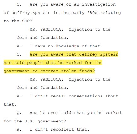 Techno_Fog's tweet image. Releasing the “Epstein list” - assuming material names remain - isn’t enough.
Any release must include docs evidencing his relationship with US intelligence and the US gov’t.
Example: Epstein himself (allegedly) said he worked for the US gov’t to recover stolen funds.