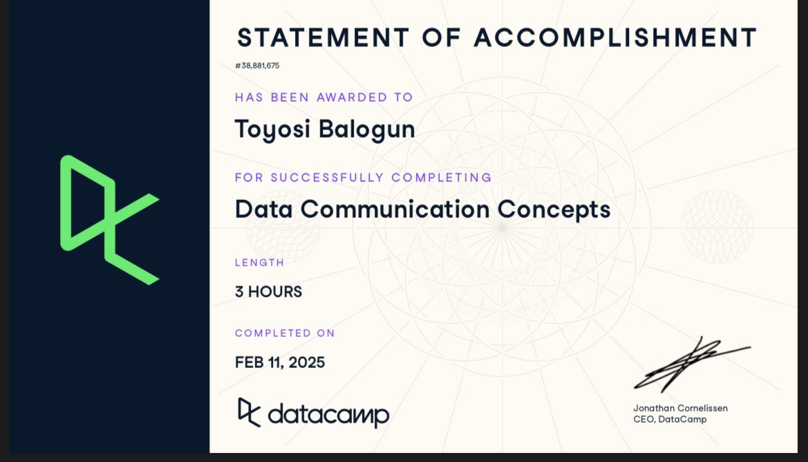 _iam_toyo's tweet photo. Better late than never 
I’ve just completed the Data communication concepts Course on DataCamp! 
Day 3
#30DaysOfDataChallenge #DCDonates  #DCA #DataFestAfrica https://t.co/S5Bwk0TFzN