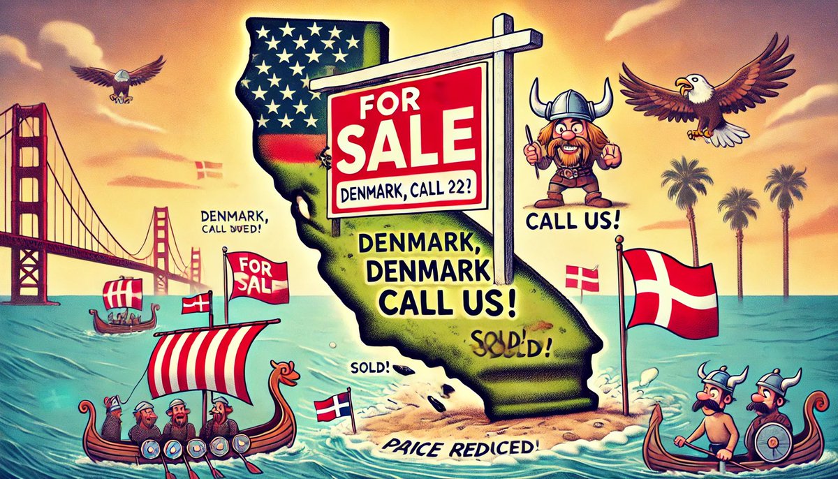 GaiaNeuTrina's tweet photo. Wait… did someone put California on Craigslist? Denmark is out here trying to buy it like it’s a beachside timeshare. First Greenland, now this? Who’s in charge of these negotiations?! #CaliforniaForSale #DenmarkBuysCali https://t.co/0zvsqd3XWY