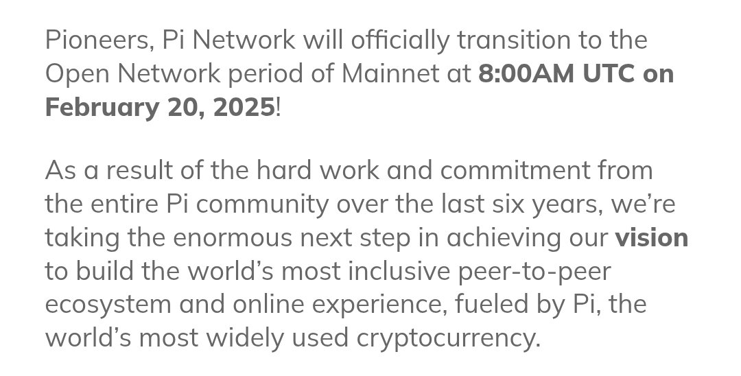 PiNetwork24X7's tweet image. 💥 $Pi’s Open Network Set to Launch February 20, 2025 💥

After six years of dedication, Pi Network is ready to open its peer-to-peer ecosystem! 🎉
With over 19 million verified Pioneers and 10.14 million Mainnet migrations, Pi is poised for real-world utility.

WHAT TO EXPECT:…