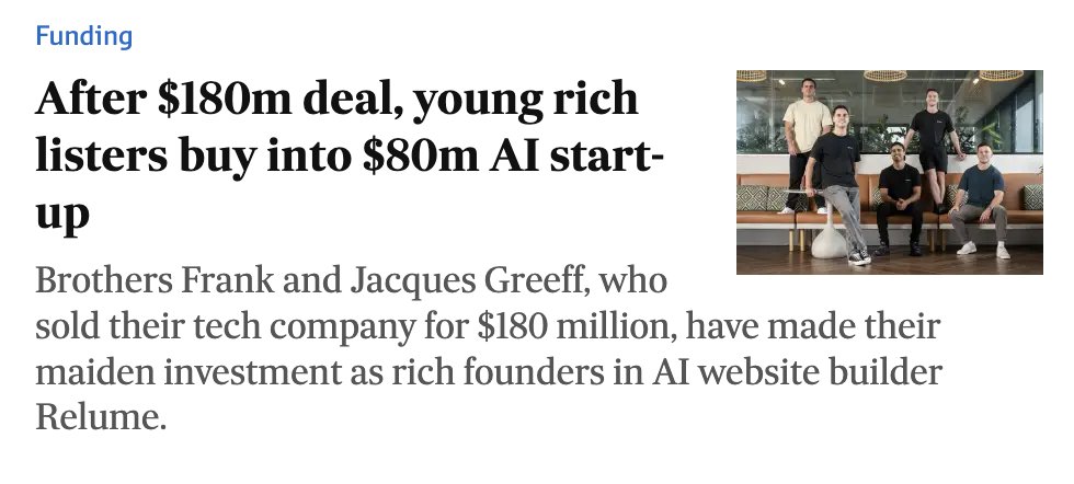 dcanisse's tweet image. From an agency, to an AI website builder! This is just the start for @relume_io 🚀
afr.com/technology/fou…