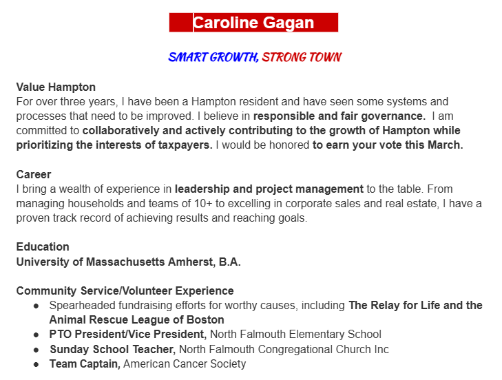 GopHampton's tweet photo. Tues 3/11, VOTE4 CAROLINE GAGAN #hamptonnh #planningboard #nh #hamptonbeachnh #rockinghamcountynh #nhpolitics #seacoastnh #veterans #townelection #livefreeordie #NHGOP #NH01 #FaithJourney #liberty #doge #dogegov #TrumpAdministration #zerobasedbudget #MAGA #newhampshire #usa #tbt https://t.co/a8vLLx3bm2