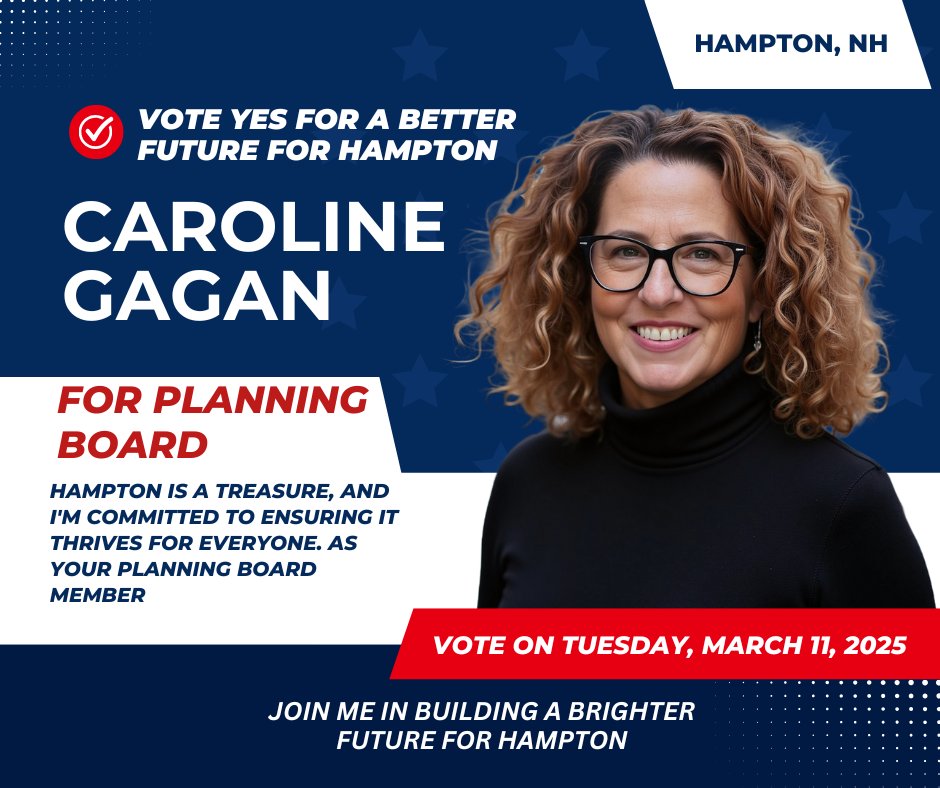 GopHampton's tweet photo. Tues 3/11, VOTE4 CAROLINE GAGAN #hamptonnh #planningboard #nh #hamptonbeachnh #rockinghamcountynh #nhpolitics #seacoastnh #veterans #townelection #livefreeordie #NHGOP #NH01 #FaithJourney #liberty #doge #dogegov #TrumpAdministration #zerobasedbudget #MAGA #newhampshire #usa #tbt https://t.co/a8vLLx3bm2