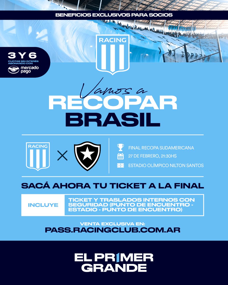 🎟️ El precio de la entrada al partido de vuelta con Botafogo en Río de Janeiro 
será de $84.000, y se incluirá el traslado (i/v) con seguridad privada.

Se podrá abonar en 6 cuotas sin interés.

La venta comenzará el miércoles 12/2 a las 11 hs por Racing Pass.