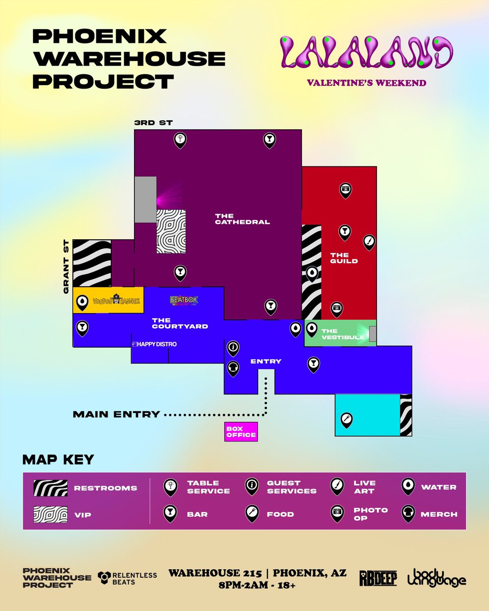 Phoenix Warehouse Project (@phxwarehouseprj) on Twitter photo Follow the guide, or follow the vibe, either way your map to this Warehouse weekend is LIVE ๐ Find your way, then lose yourself in LALALAND ๐บ๏ธ๐
Join us on the journey THIS Friday + Saturday! Save on tix for you + your sweetheart with a couples pack ๐ฉโโค๏ธโ๐โ๐จ๐๏ธ relentlessbeats.com Follow the guide, or follow the vibe, either way your map to this Warehouse weekend is LIVE ๐ Find your way, then lose yourself in LALALAND ๐บ๏ธ๐
Join us on the journey THIS Friday + Saturday! Save on tix for you + your sweetheart with a couples pack ๐ฉโโค๏ธโ๐โ๐จ๐๏ธ relentlessbeats.com