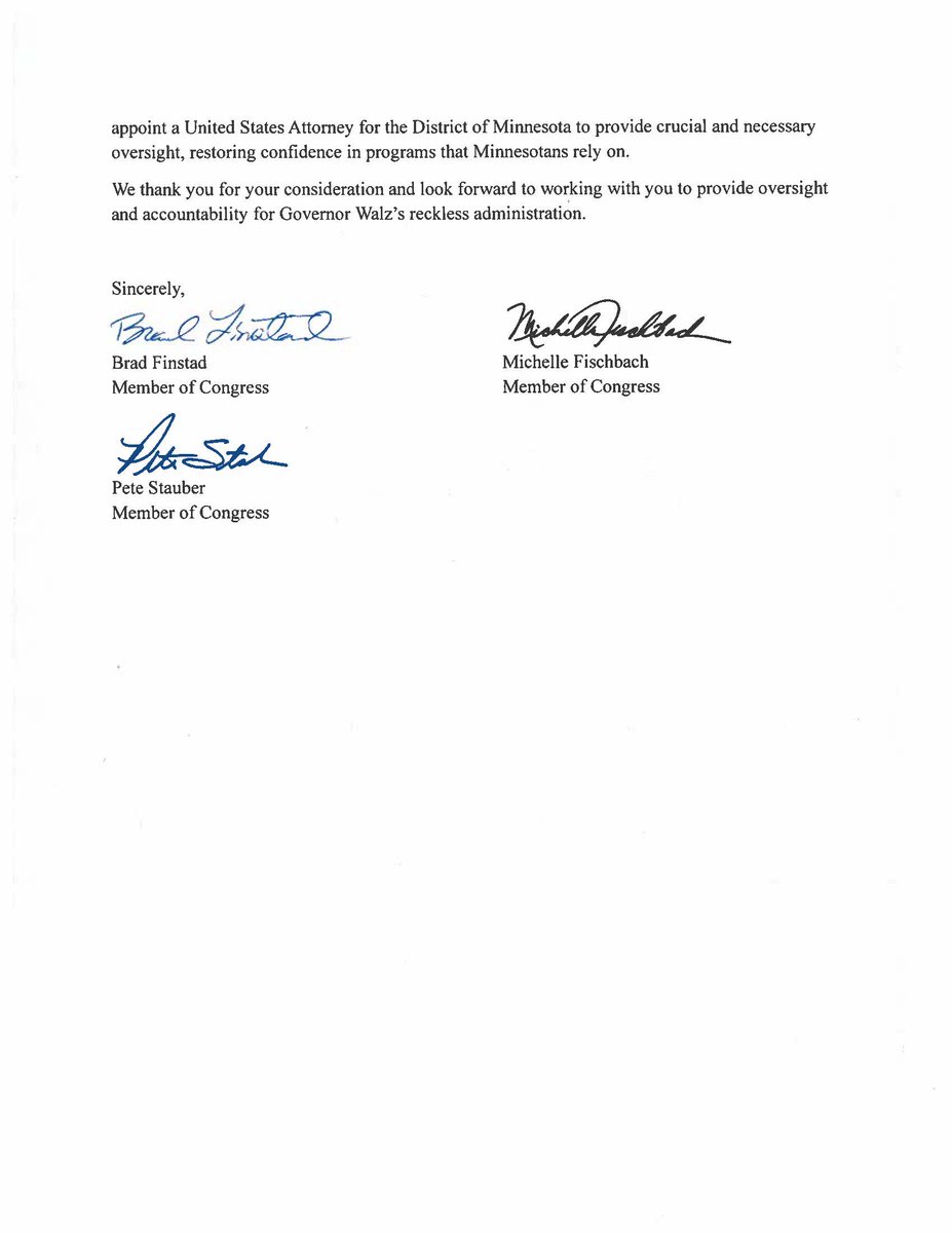 Under Governor Walz’s leadership, Minnesota has experienced massive fraud schemes resulting in the mishandling of millions of taxpayer dollars. <a href="/RepFischbach/">Rep. Michelle Fischbach</a>, <a href="/RepPeteStauber/">Pete Stauber</a>, and I sent a letter requesting the Trump Admin to swiftly appoint a new U.S. Attorney for Minnesota, so