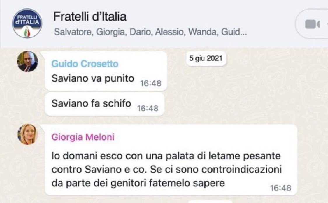 Lucrezia_sx (@lucrezia_sxx) on Twitter photo Io lo ripubblico finché non cade questo governo di merda.
#WhatsApp
#chat
<a href="/GuidoCrosetto/">Guido Crosetto</a> <a href="/GiorgiaMeloni/">Giorgia Meloni</a> <a href="/FratellidItalia/">Fratelli d'Italia 🇮🇹</a>
#palatadimerda Io lo ripubblico finché non cade questo governo di merda.
#WhatsApp
#chat
<a href="/GuidoCrosetto/">Guido Crosetto</a> <a href="/GiorgiaMeloni/">Giorgia Meloni</a> <a href="/FratellidItalia/">Fratelli d'Italia 🇮🇹</a>
#palatadimerda