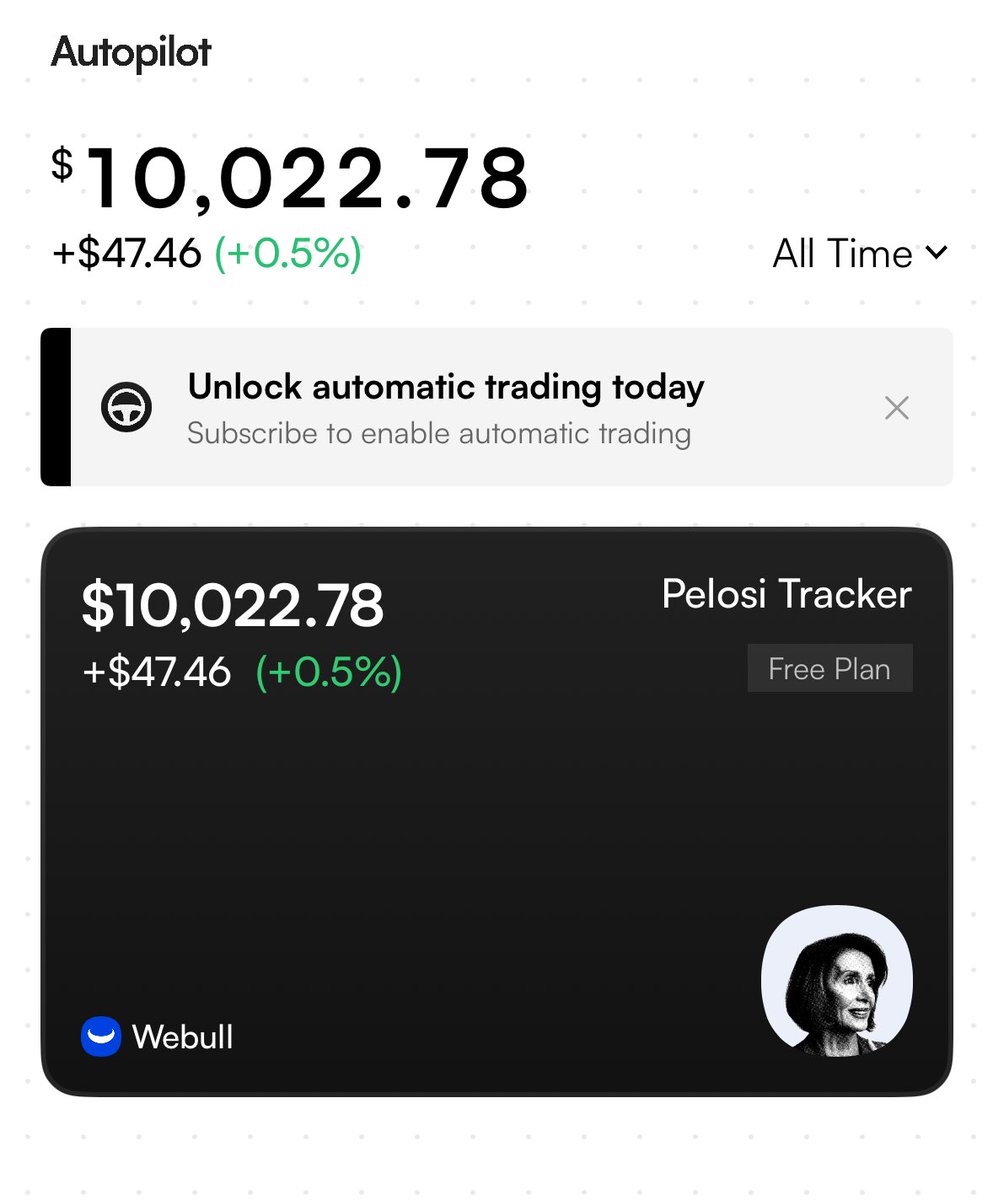 KCTrades777's tweet photo. Heard about this thing called @joinautopilot last night and decided to test it out. Added @PelosiTracker_ to my portfolio, will post my updates along the way 🙏🏼 https://t.co/va1HGJRipR