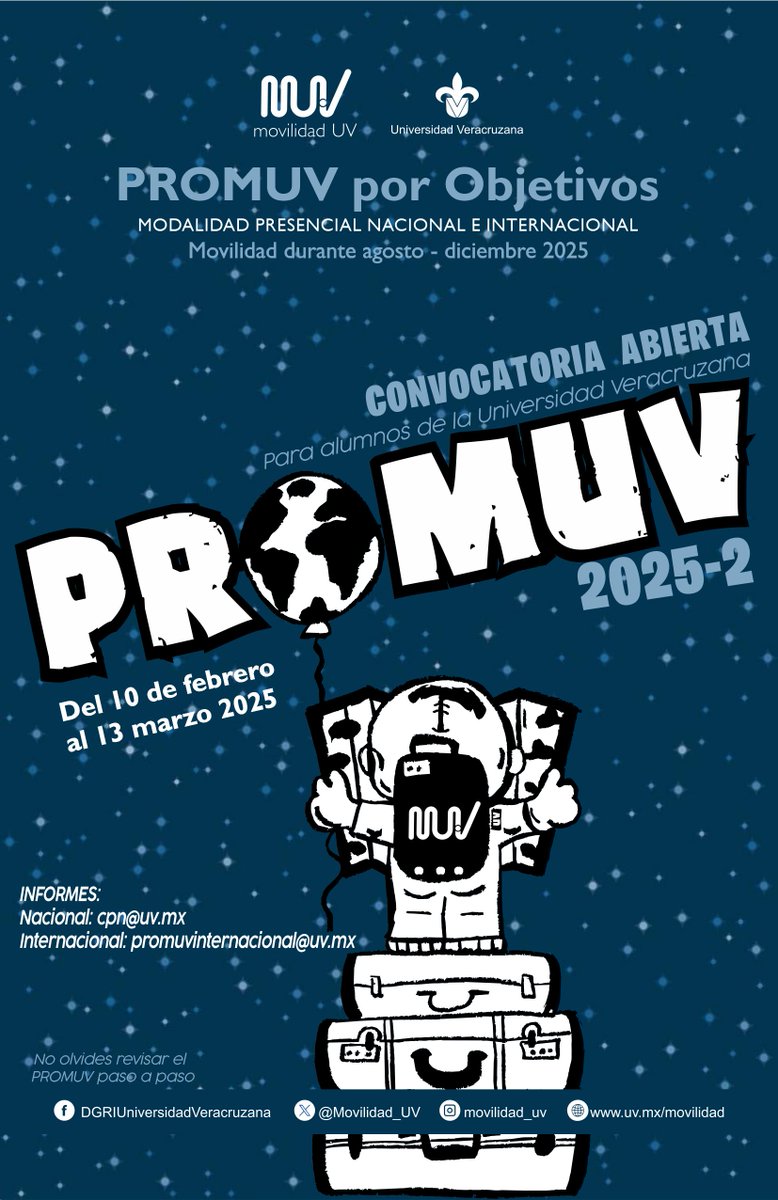#EstudianteUV 🌍🎓 ¡Tu oportunidad de estudiar en el extranjero está aquí!

La UV te invita a postularte a PROMUV  y realizar un intercambio académico presencial en instituciones nacionales e internacionales en agosto-diciembre 2025.
🔗uv.mx/promuv/files/2…
