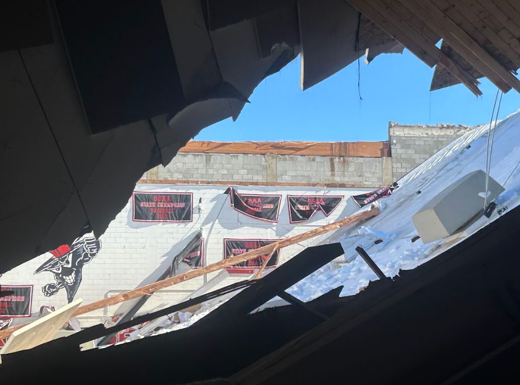 KDRV's tweet image. New photos show the damage to the roof of the North Medford High School gym after it collapsed this morning.
(Photos: Medford School District)