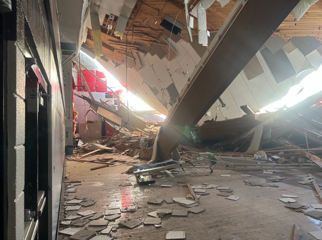 KDRV's tweet image. New photos show the damage to the roof of the North Medford High School gym after it collapsed this morning.
(Photos: Medford School District)
