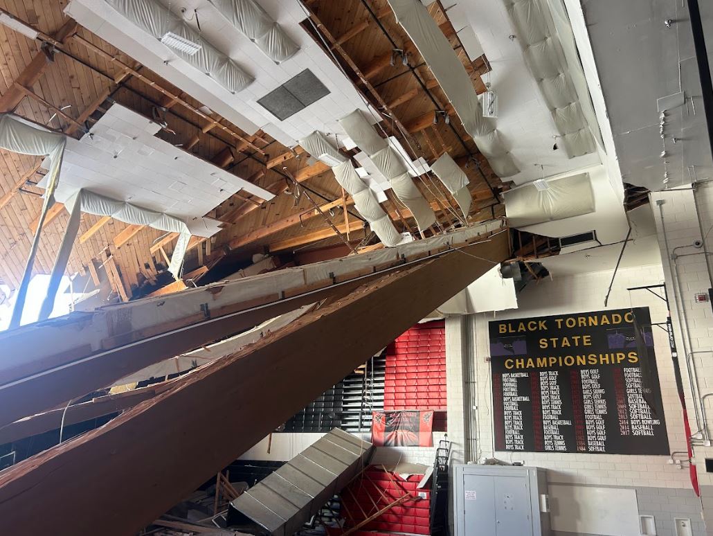 KDRV's tweet image. New photos show the damage to the roof of the North Medford High School gym after it collapsed this morning.
(Photos: Medford School District)