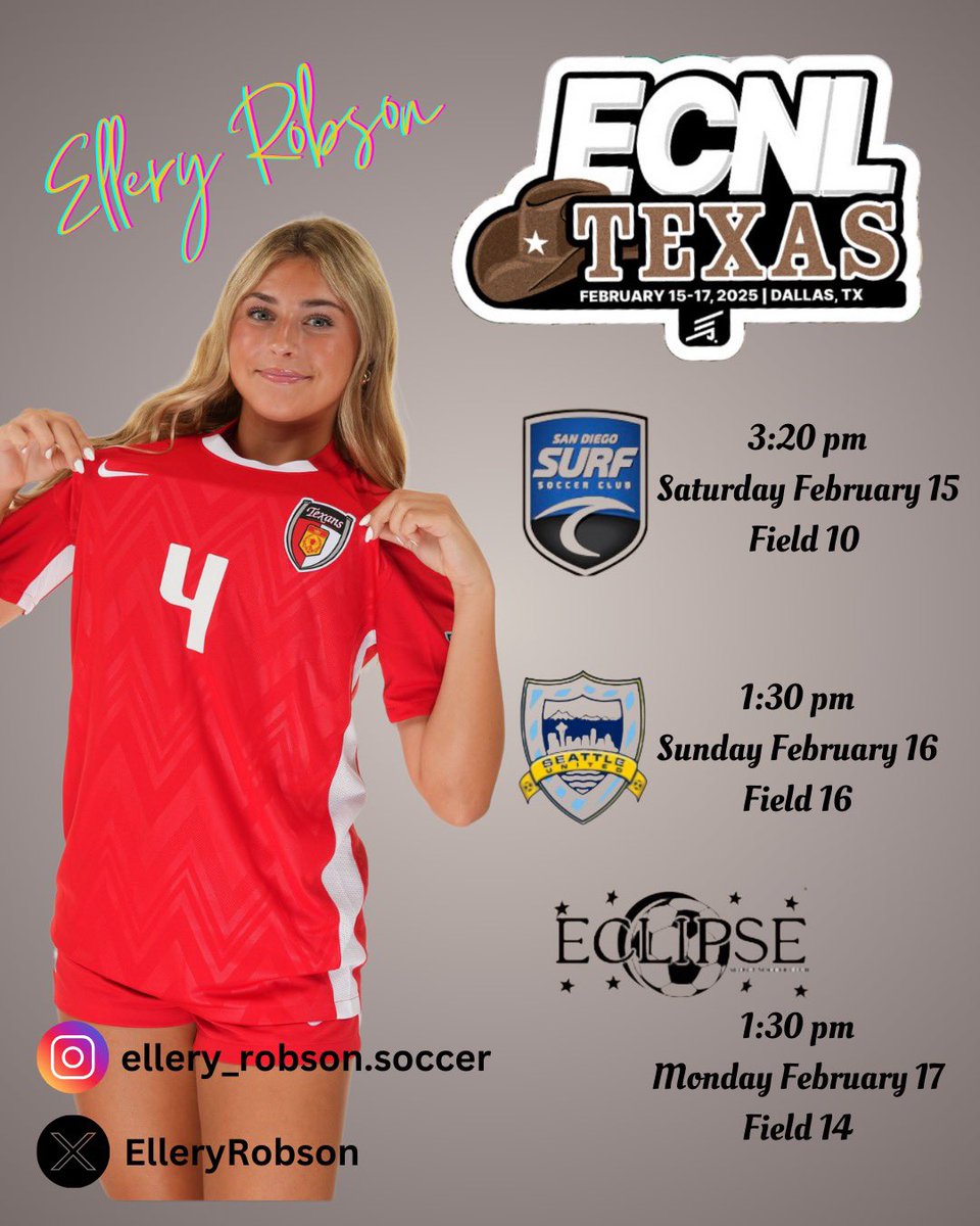 Schedule is out!! I’m looking forward to ECNL Texas and playing with my team <a href="/Texans09gECNL/">Dallas Texans 09G ECNL</a>! 

Saturday | @ 3:30 | Field 10

Sunday | @ 1:30 | Field 16

Monday | @ 1:30 | Field 14

<a href="/ECNLgirls/">ECNL Girls</a> <a href="/ImYouthSoccer/">ECNL/GA/Recruiting/College Soccer</a> <a href="/PrepSoccer/">Prep Soccer ⚽️</a> <a href="/TheSoccerWire/">SoccerWire</a> <a href="/ImCollegeSoccer/">College Soccer Truth ™</a> <a href="/PrepSoccerTX/">Prep Soccer Texas</a> <a href="/TheECNL/">The ECNL</a>