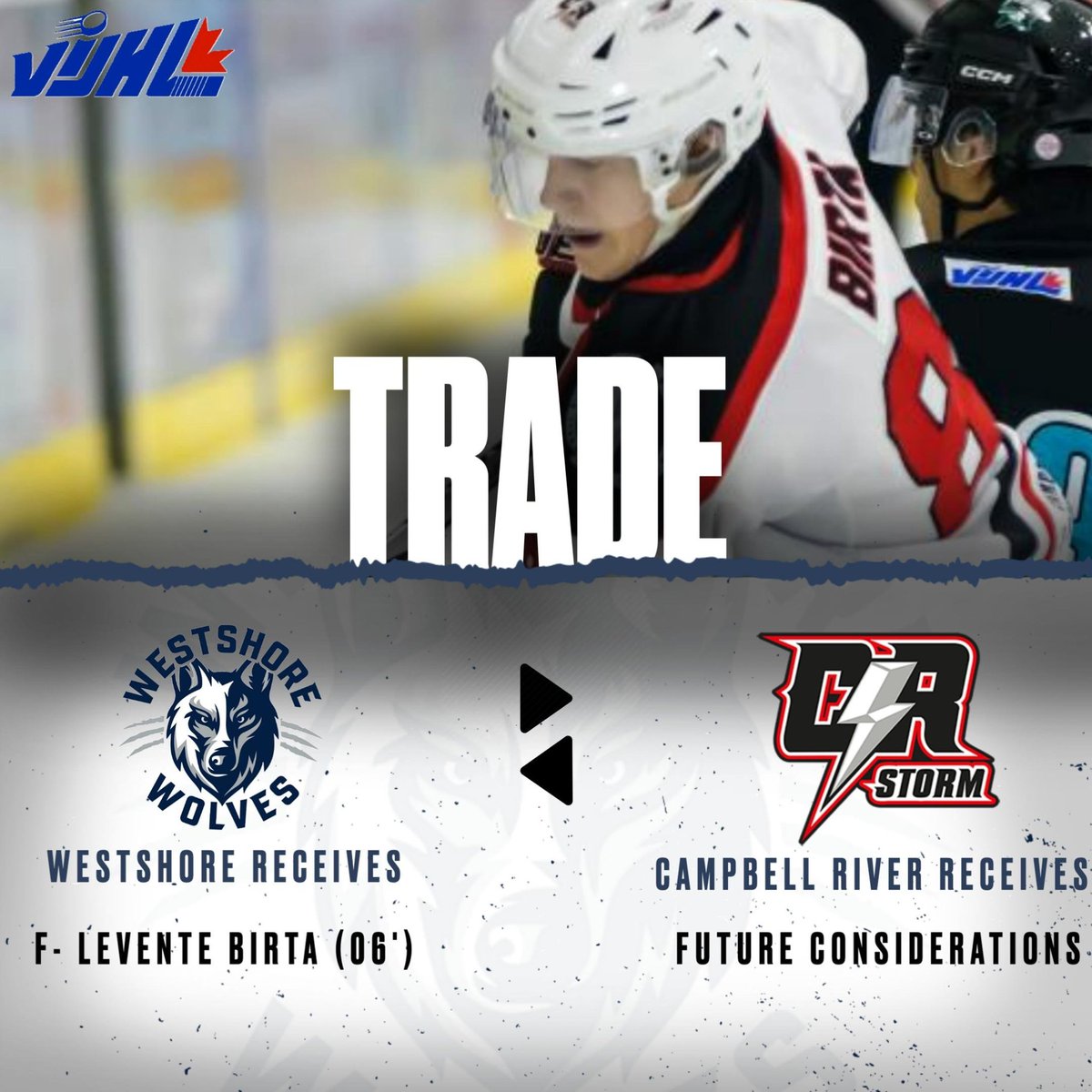 The Westshore Wolves have acquired 18 year old forward Levente Birta from the Campbell River Storm in exchange for future considerations.

So far this year, Levente scored 19 goals and 13 assists in 40 games with the Storm.

 Welcome to Westshore Levente!