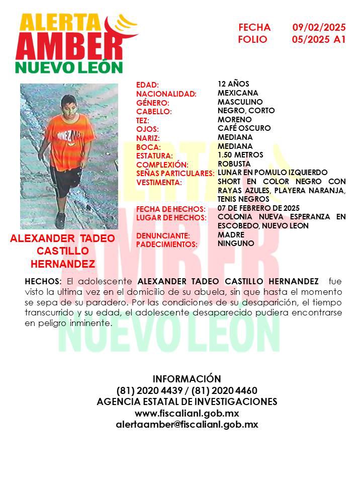 FiscaliaNL's tweet photo. ⚠️ ACTUALIZACIÓN ⚠️

📣 Se activa #AlertaAMBER 

🚨 Solicitamos de su colaboración para localizar al adolescente ALEXANDER TADEO CASTILLO HERNÁNDEZ 

‼️Por favor comparte‼️
#AlertaAmberNL 
#AlertaAmberMX https://t.co/Zm1HOvJRCo