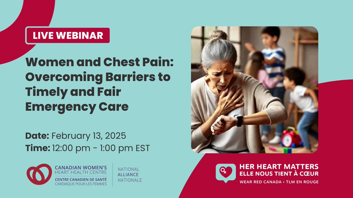 ❤️National #WearRedCanada Webinar: Women and Chest Pain: Overcoming Barriers to Timely and Fair #Emergency Care

Women often experience chest pain differently and may delay seeking care.  
February 13, 2025 12 - 1 pm EST  

Register here: bit.ly/WRCWebinar2025

#HerHeartMatters