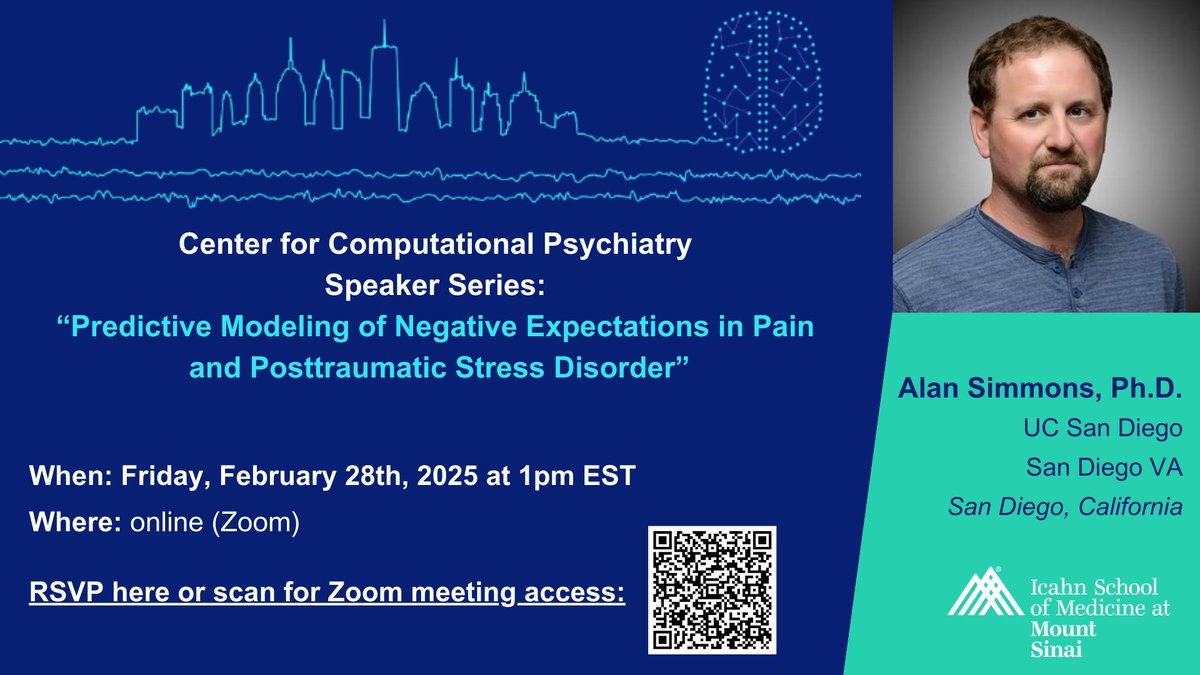 SinaiCCP's tweet image. On Friday February 28th, 2025 at 1pm EST, Dr. Alan Simmons will present a talk titled: Predictive Modeling of Negative Expectations in Pain and Posttraumatic Stress Disorder
RSVP for Zoom link: forms.gle/uVVwLhwLDWkVGM…
