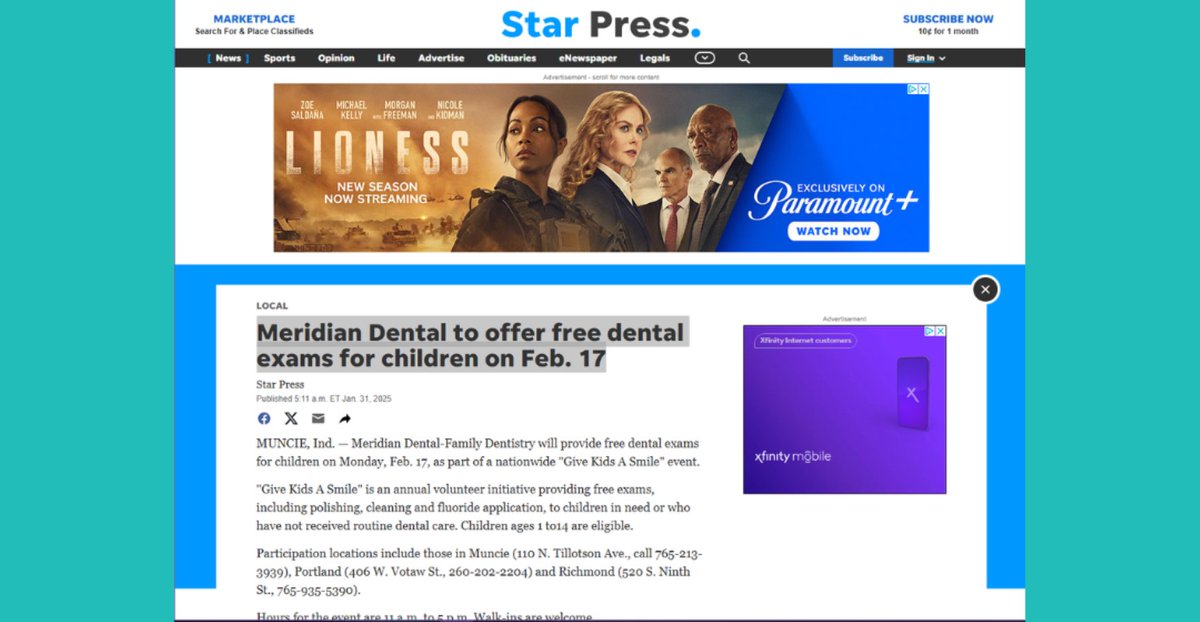 Exciting News! Our Give Kids a Smile event on Feb 17th is making headlines in Muncie!  

Click here to discover more about this amazing event: bit.ly/4jQzGFA

Click here to find a location near you: bit.ly/3WvP5RH