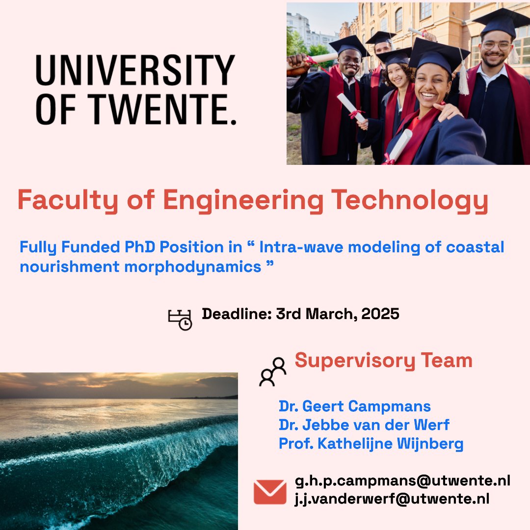 PhdScanner's tweet image. 📢📢 Fully Funded #phdposition alert. Please ♻ share widely.
✅Passionate about #numericalmodeling #coast 📈🌊
✅ Rare @NWOFunding fully funded #PhDposition for upto 4⃣ years within the Faculty of Engineering Technology @UTwenteJobs
📌This #PhDVacancy is in…