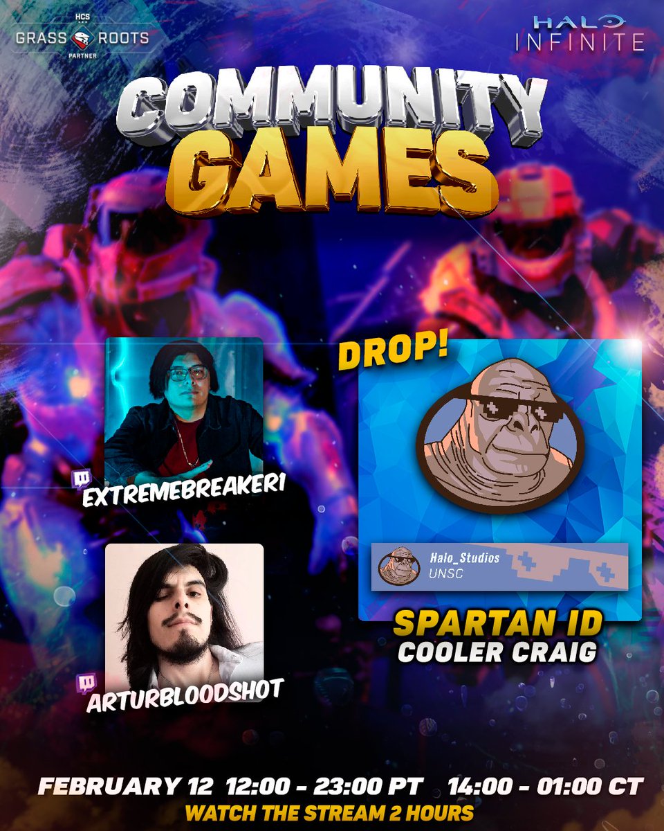 Extremebreaker1's tweet photo. ¡HCS GRASSROOTS COMMUNITY GAMES!
El Spartan ID / Placa de juego de Craig está de regreso y estará disponible el día de mañana para Halo Infinite.

⏰12:00 - 23:00 PT / 14:00 - 01:00 CT
���️Wednesday, February 12 / Miércoles, 12 de Febrero
🎁DROPS ON: Cooler Craig Spartan ID