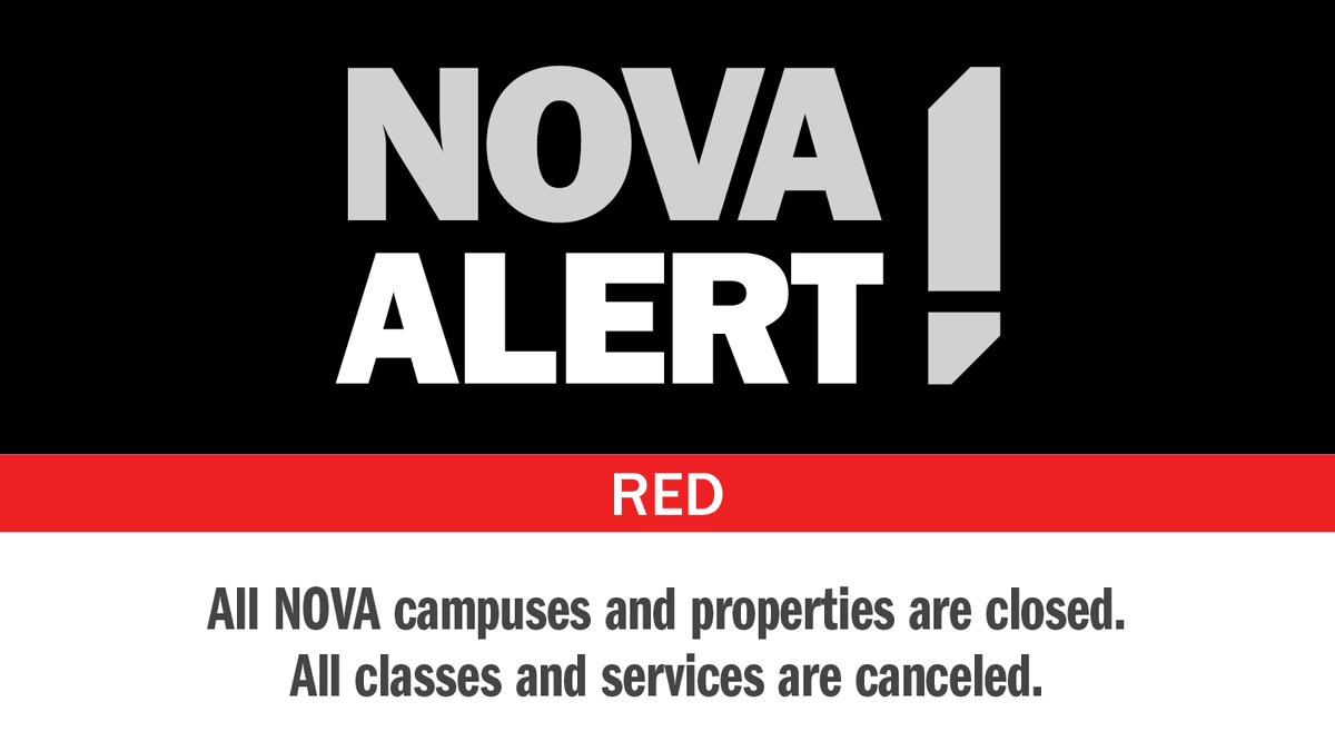 NOVAcommcollege's tweet photo. #NOVAAlert: CODE RED. All NOVA campuses are closed on Wednesday, February 12. Classes and services are cancelled. https://t.co/UYxmwftDZw