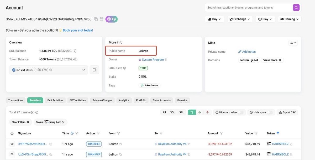 🔥 NEW: After Elon musk changed his profile name to Harry Bōlz, the price of $HARRYBOLZ surged to $0.025. 

A trader known as “LeBron” turned 25 SOL ($4,807) into $1M by buying early and taking profit.