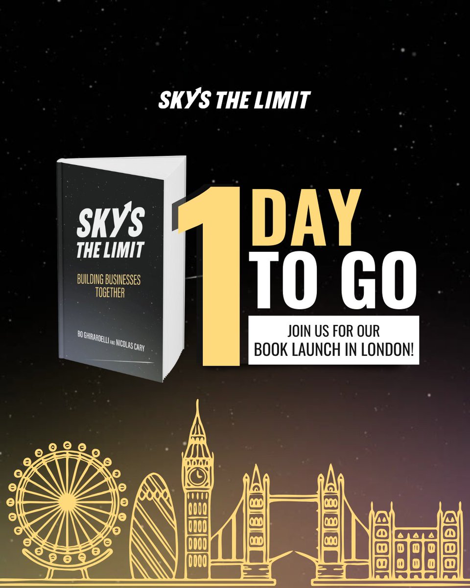 Tomorrow is the day for #SkysTheLimit #booklaunch in #London! 🚀 See you on Feb 12th, 6:00 PM GMT at Dream Bags Jaguar Shoes. Meet the authors - Bo Ghirardelli and <a href="/niccary/">Nic Cary</a>, network with #entrepreneurs, and support a good cause. RSVP → hubs.la/Q036jpNj0