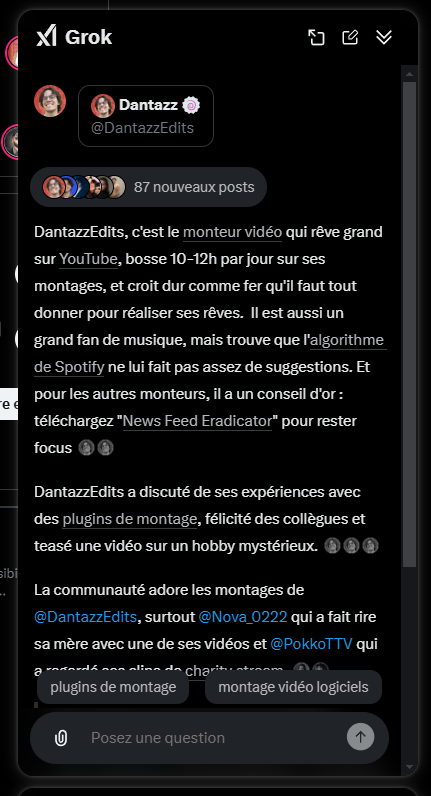 C'est juste moi qui viens de découvrir qu'on peut demander un résumé d'un compte avec l'IA de X ?
En plus il flatte mon égo ça me tue