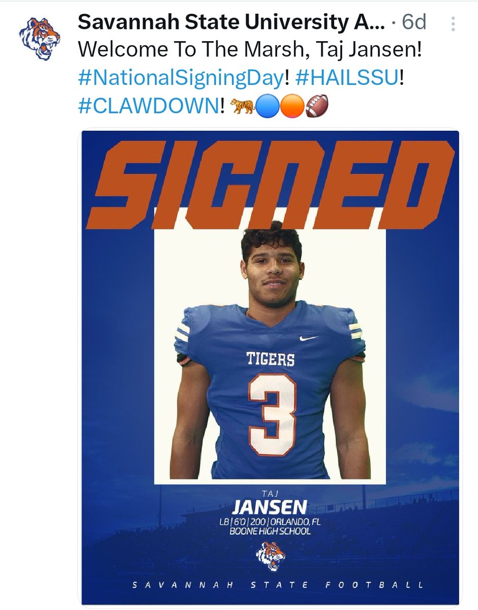 Taj Jansen (@jansentaj) on Twitter photo Thank you <a href="/aekelton/">Coach Kelton</a> for the opportunity, I'm ready to compete. Go Tigers!
<a href="/coachajjohnson/">Andy Johnson</a> <a href="/JerelArcher/">Coach Rel Archer</a> <a href="/BooneBravesSwag/">Boone Braves Football</a> Thank you <a href="/aekelton/">Coach Kelton</a> for the opportunity, I'm ready to compete. Go Tigers!
<a href="/coachajjohnson/">Andy Johnson</a> <a href="/JerelArcher/">Coach Rel Archer</a> <a href="/BooneBravesSwag/">Boone Braves Football</a>