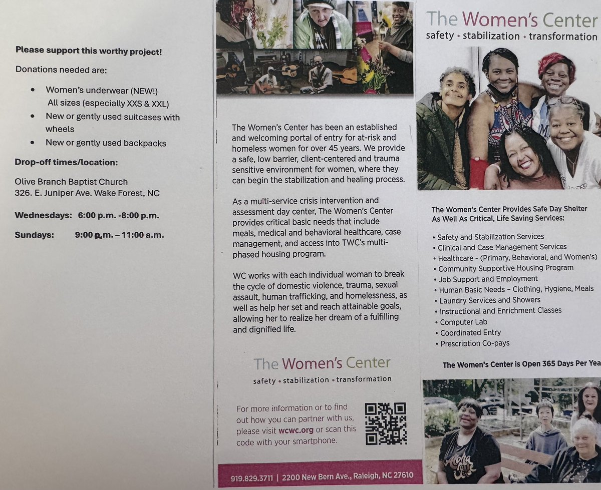 OliveBranchWF's tweet photo. Donation drive- The Women’s Center is Wake County’s only day shelter dedicated to single women facing homelessness. See https://t.co/NgnKDh4vhp for more info if your ministry would like to partner with them. https://t.co/qdelCRWakJ