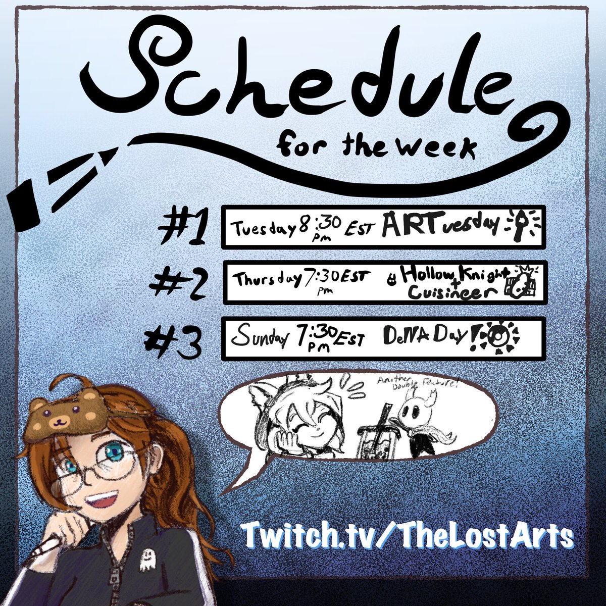 For those that don’t know, I typically post on the *other* platform, but I’ve been posting stream schedules over there every week! Here is this week’s schedule!