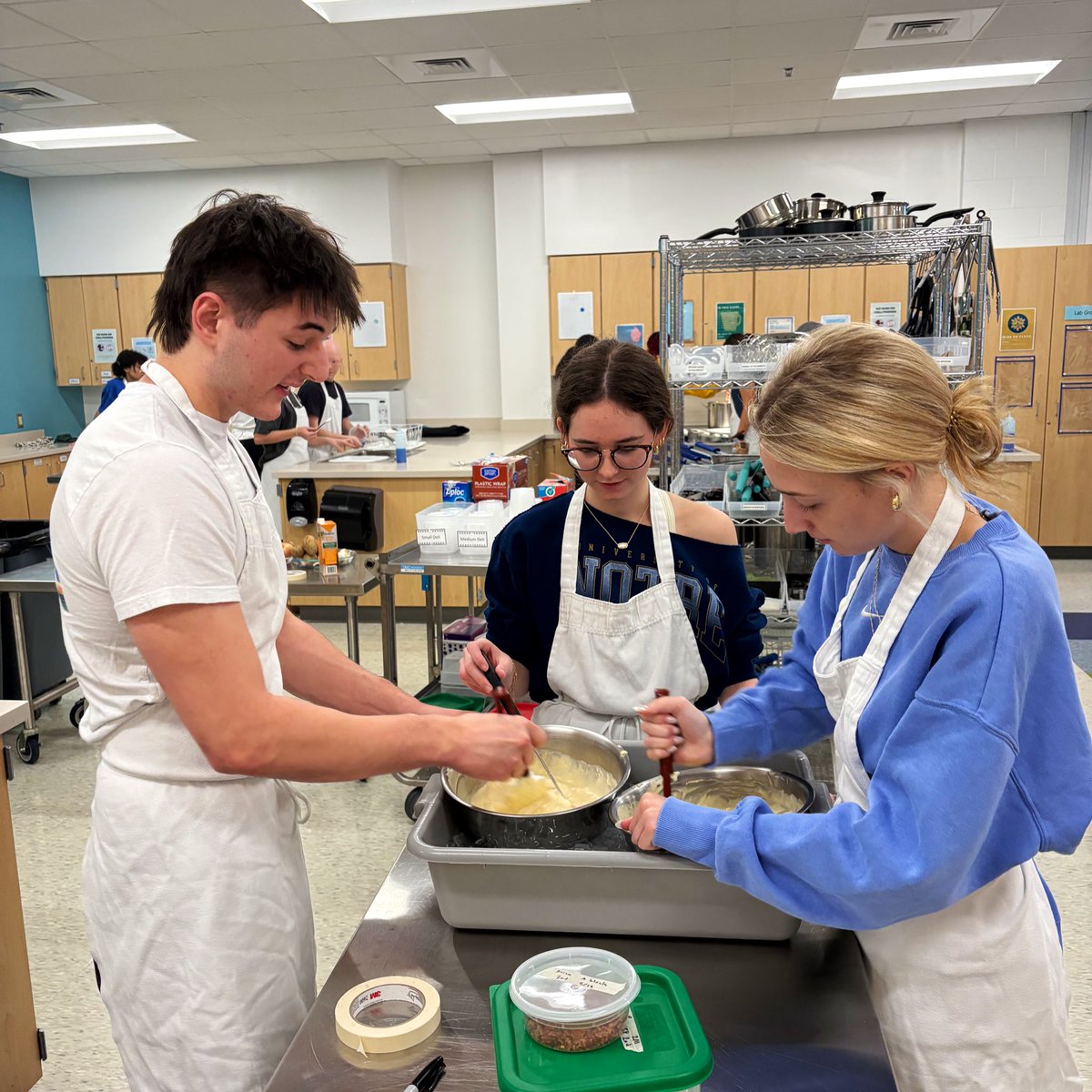 Students in Foods II learned how to set up ice baths to cool their soup through the temperature danger zone and down to 41 degrees. Tomorrow, they’ll reheat, garnish and eat!