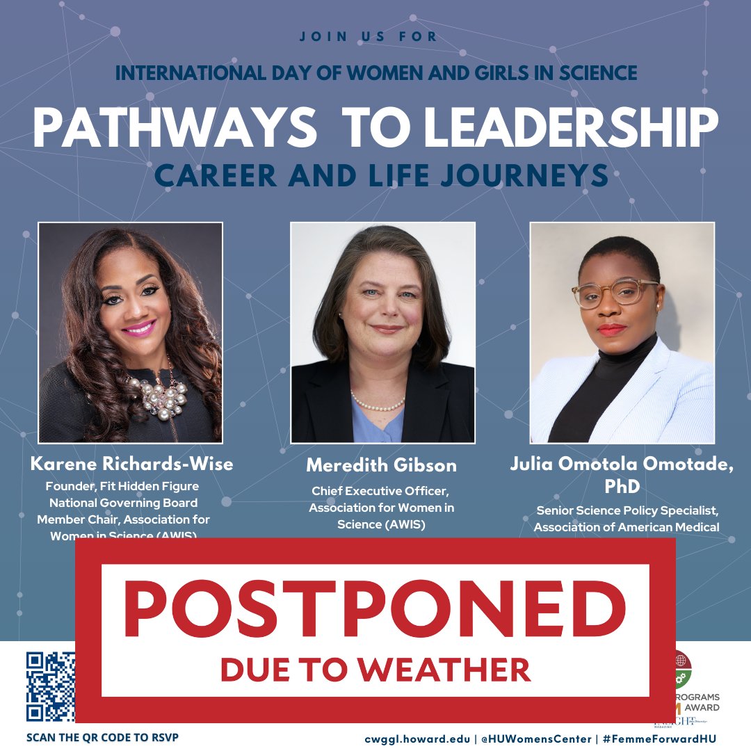 📢 Event Update📢

Due to inclement weather, our Pathways to Leadership: Career and Life Journeys, event has been postponed. Please Stay tuned for a rescheduled date and stay warm! ❄️💜

#HowardUniversity #CWGGL #FemmeForwardHU #WomenInSTEM #Leadership
