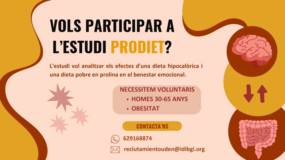 Hospital Trueta (@htrueta) on Twitter photo 🗣️ Busquem voluntaris per analitzar els efectes d’una dieta hipocalòrica i una dieta baixa en prolina en el benestar emocional.
Requisits: Homes d'entre 30 i 65 anys amb obesitat👇
Si estàs interessat, contacta 📩 reclutamientouden@idibgi.org o truca al 📱 629 168 874 🗣️ Busquem voluntaris per analitzar els efectes d’una dieta hipocalòrica i una dieta baixa en prolina en el benestar emocional.
Requisits: Homes d'entre 30 i 65 anys amb obesitat👇
Si estàs interessat, contacta 📩 reclutamientouden@idibgi.org o truca al 📱 629 168 874