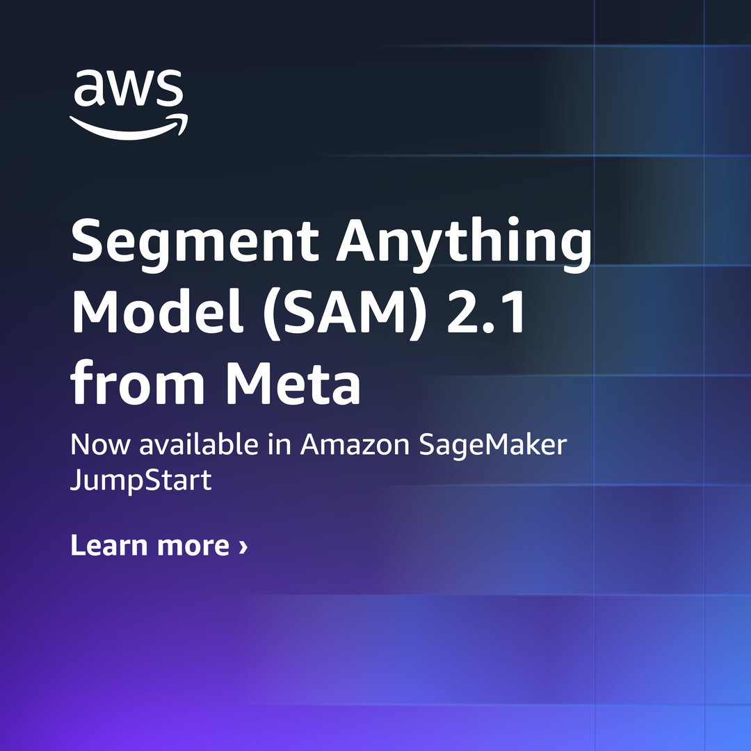 AWSAI's tweet image. The Segment Anything Model (SAM) 2.1 from @AIatMeta is now available in #AmazonSageMaker JumpStart.🚀 
 
This instance segmentation model is designed for high-performance computer vision tasks, enabling advanced object detection &amp;amp; segmentation workflows.👉go.aws/4hsqrKe