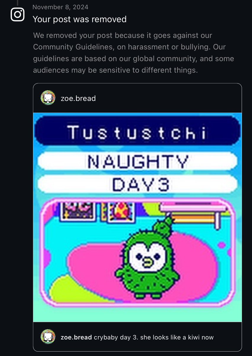 instagram have so far taken 3 days to decide if this comment saying autistic people should be rounded up and put in a camp is hate speech meanwhile they removed a picture of my tamagotchi cos i said she looked like a kiwi fruit