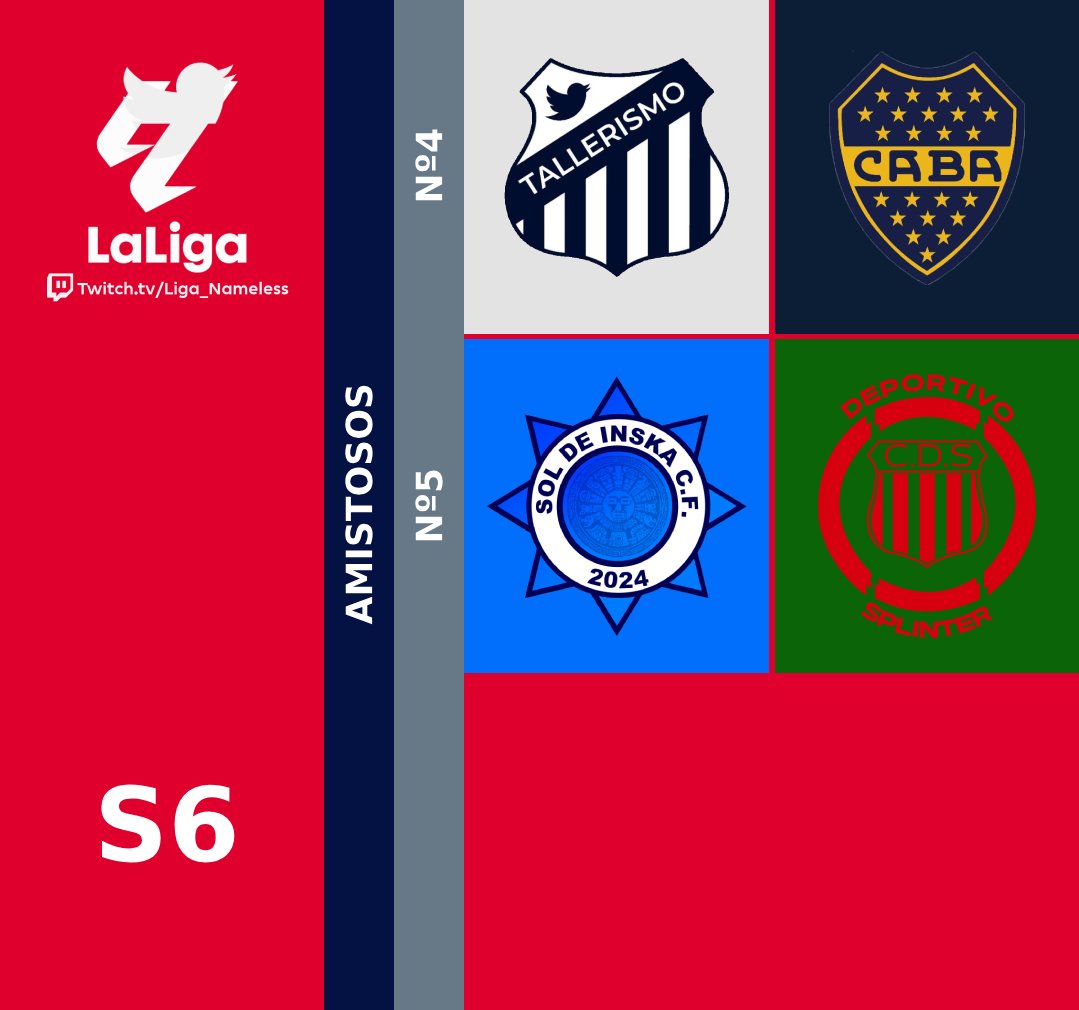 HABEMUS AMISTOSOS PROGRAMADOS!!

ESTE VIERNESSS. GUARDA LA AGENDA PARA EL 14 DE FEBRERO, SAN VALENTIN?. NAH, NAMELESSTIME!!

A partir de las 20 horas 🇦🇷 por:

twitch.tv/liga_nameless

<a href="/NewNuesAFC/">New Nues AFC 🦁🇨🇩</a> <a href="/AtletlcoCordoba/">Atlético Córdoba 🇺🇦</a> <a href="/PositivosFC21/">Positivos Fútbol Club 🇺🇦🐺</a> <a href="/GETorrense/">G.E. Torrense 🇳🇬</a> <a href="/LosFacherosFC/">🤍 𝙇𝙤𝙨 𝙁𝙖𝙘𝙝𝙚𝙧𝙤𝙨 𝙁.𝘾. 💚</a> <a href="/ChunguitossFC/">Los Chunguitos 💜🐉</a>