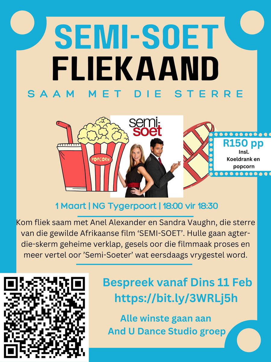 Fondsinsameling! Kom fliek saam met my en <a href="/Sandra_Vaughn/">Sandra Vaughn</a> aka Jaci en Karla van ‘Semi-Soet’! 28 Feb @ Willows Country Lodge, 1 Mrt @ NG Tygerpoort. Ons gaan al jou <a href="/semisoetmovie/">Semi-Soet Movie</a> vrae beantwoord en lekker agter-die-skerms geheime verklap.  Bespreek NOU op <a href="/tixsa_co_za/">Tixsa</a>