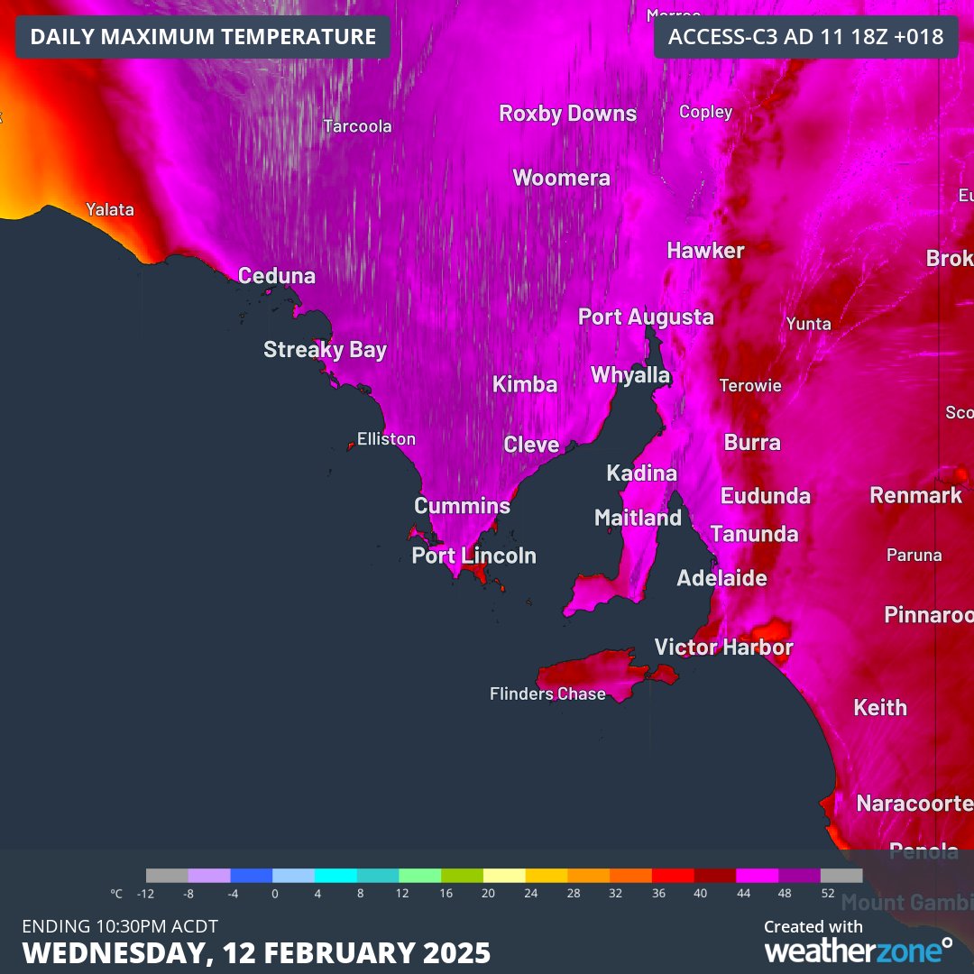 #Adelaide's running maximum of 42.6°C today is the city's highest temperature in four years. Further north, Oodnadatta just registered South Australia's first 48°C of this summer.