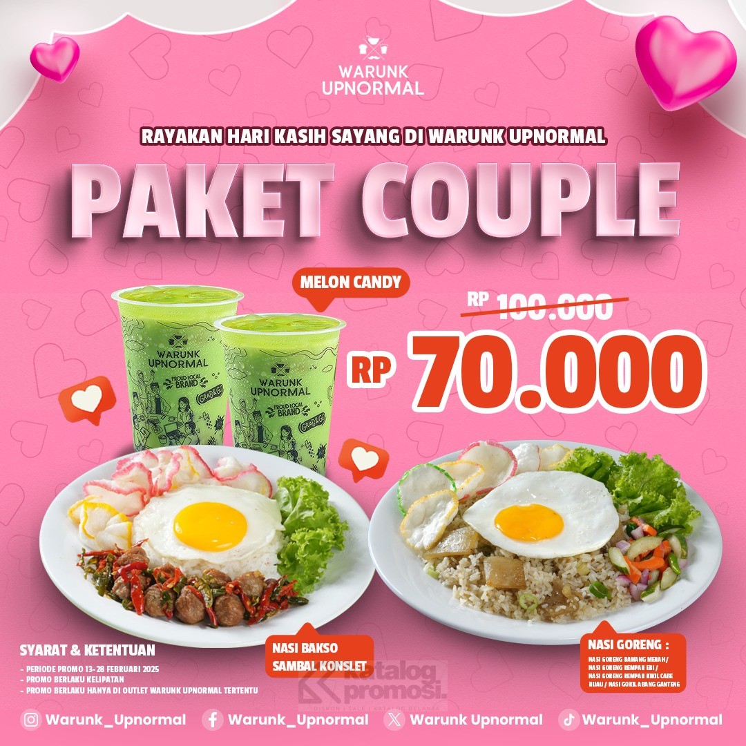katalogpromosi's tweet image. Promo Valentine Warunk Upnormal: PAKET COUPLE yang pas buat kamu dan pasangan atau sahabat! Nikmati hidangan enak dan hemat bareng dari 13-28 Februari 2025. Jangan sampai kelewatan! 🍽️💕 

Klik di sini buat info lengkap: 
katalogpromosi.com/promo-warunk-u…

#WarunkUpnormal #PromoValentine