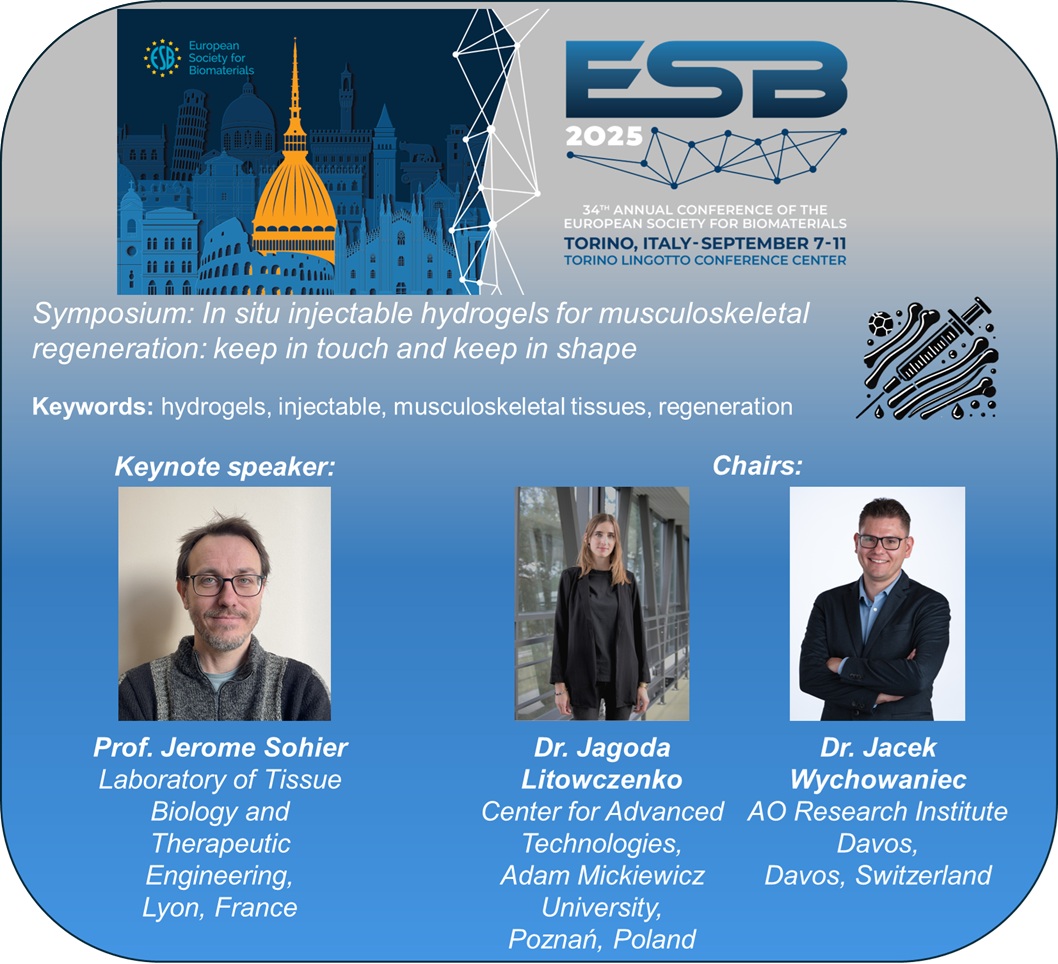 Jacek Wychowaniec (@jacekwychowani1) on Twitter photo ‼️ NEW SYMPOSIUM ALERT <a href="/ESB_2025/">ESB 2025</a>
👉Are you working on In situ #injectable #hydrogels and #musculoskeletal #regeneration? We announce our symposium on this theme at the <a href="/ESB_2025/">ESB 2025</a> in Turin next September! Submit you abstract here: esb2025.org/abstract-submi…
<a href="/JeromeSohier/">Jérôme Sohier</a> <a href="/JagodaLab/">Biomaterials & Biofabrication Laboratory</a> ‼️ NEW SYMPOSIUM ALERT <a href="/ESB_2025/">ESB 2025</a>
👉Are you working on In situ #injectable #hydrogels and #musculoskeletal #regeneration? We announce our symposium on this theme at the <a href="/ESB_2025/">ESB 2025</a> in Turin next September! Submit you abstract here: esb2025.org/abstract-submi…
<a href="/JeromeSohier/">Jérôme Sohier</a> <a href="/JagodaLab/">Biomaterials & Biofabrication Laboratory</a>