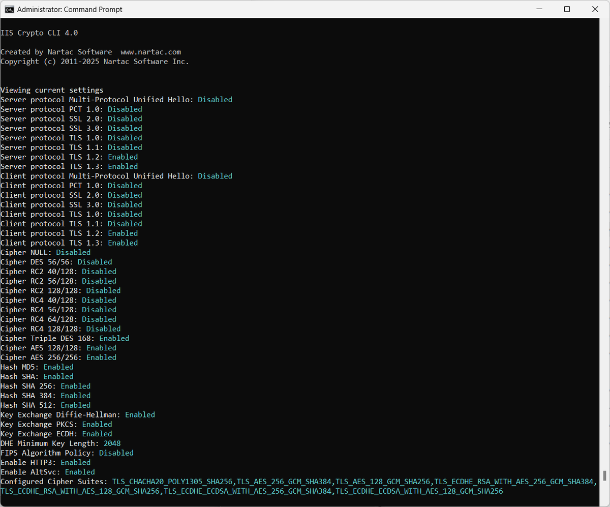 nartac's tweet photo. IIS Crypto CLI viewing current settings. https://t.co/BvqfXZZxWx