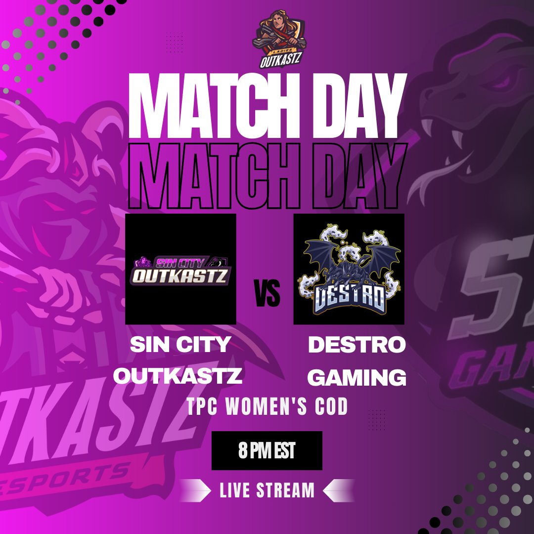 <a href="/LadyOutKastz/">Ladies of OutKastz</a> x <a href="/SinGamingUS/">SIN Gaming</a> faces off against <a href="/Destro__Gaming/">Destro Gaming</a> tonight at 8 ET (30 Mins).

Best of Luck
<a href="/AngelinaCODs/">Angelina</a> 
<a href="/tashagd_/">tashagd</a> 
<a href="/_joybearr_/">Joy 🤓</a> 
<a href="/ItzJustSilly/">Silly</a> 

#SinCityOutKastz #StayLowkey #SinGamingUS