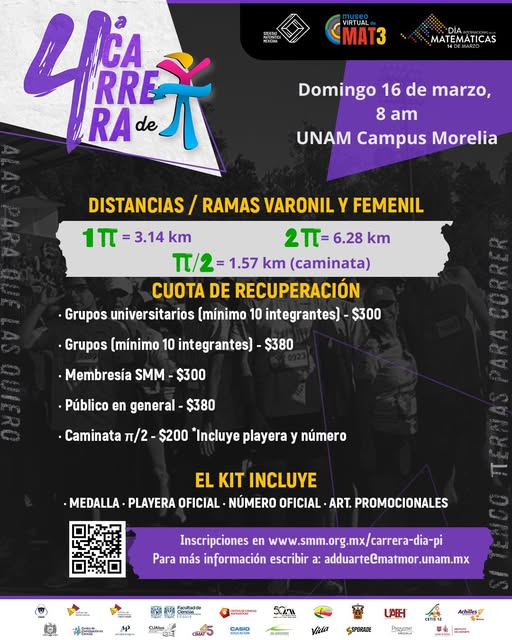 La #CarreraDePi llega nuevamente a UNAM Campus Morelia. Ven y correo con nosotros el domingo 16 de marzo para celebrar este festejo de las y los matemáticos.