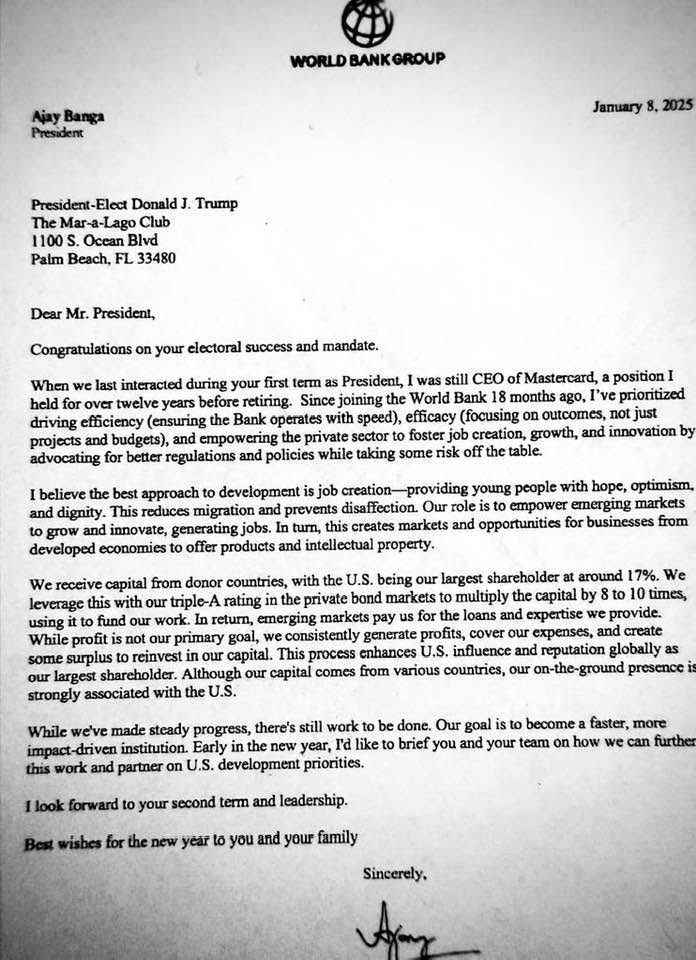 JustinSandefur's tweet photo. old, but new to me:

World Bank president Ajay Banga's letter to Trump, stressing
- internal efficiency reforms 
- private sector job creation
- reducing migration (sigh)
- US soft power 
- profitability of World Bank portfolio https://t.co/1oAcHPaQU2