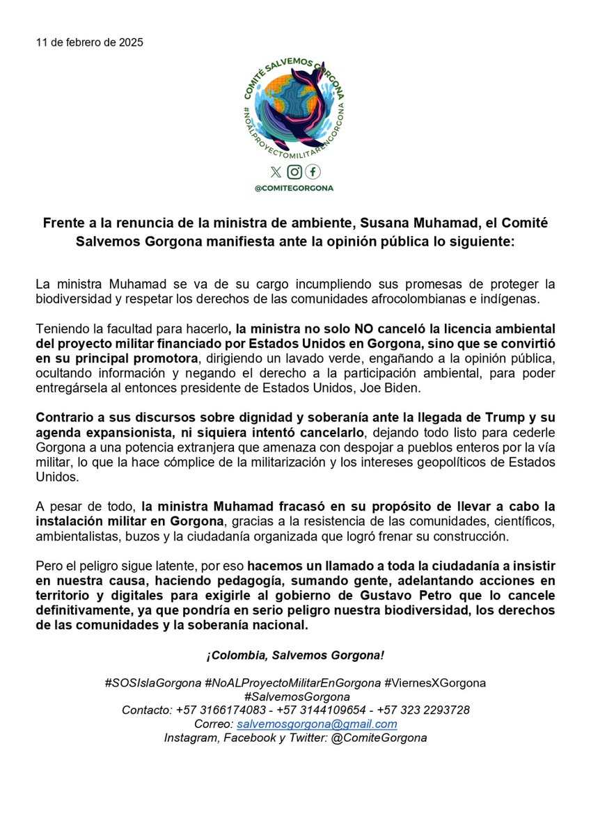 ❌ <a href="/susanamuhamad/">Susana Muhamad</a> se va, pero la amenaza sobre Gorgona sigue 🚨🌿

No solo no canceló el proyecto militar financiado por EE.UU., sino que se convirtió en su principal promotora dentro del gobierno <a href="/petrogustavo/">Gustavo Petro</a>.

Reafirmamos nuestra lucha, ¡Gorgona se cuida y se defiende! ✊🏽🐋