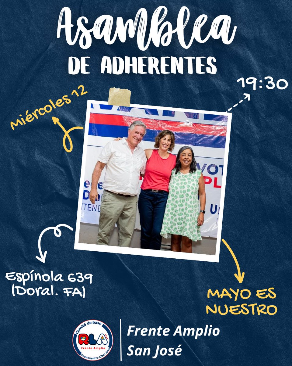Ayer en la convención ratificamos a nuestras candidatas a la intendencia, mañana nos reunimos en asamblea para programar la campaña!!

📆 Miércoles 12
🕢 19:30 horas
📍 Espínola 639 (Dptal. FA)

Arrimate para armar el plan de campaña de nuestro comité!!
*#MayoEsNuestro*